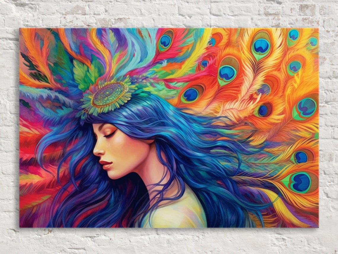 Colorful Woman with Peacock Feather Headpiece Blue Hair Art Poster