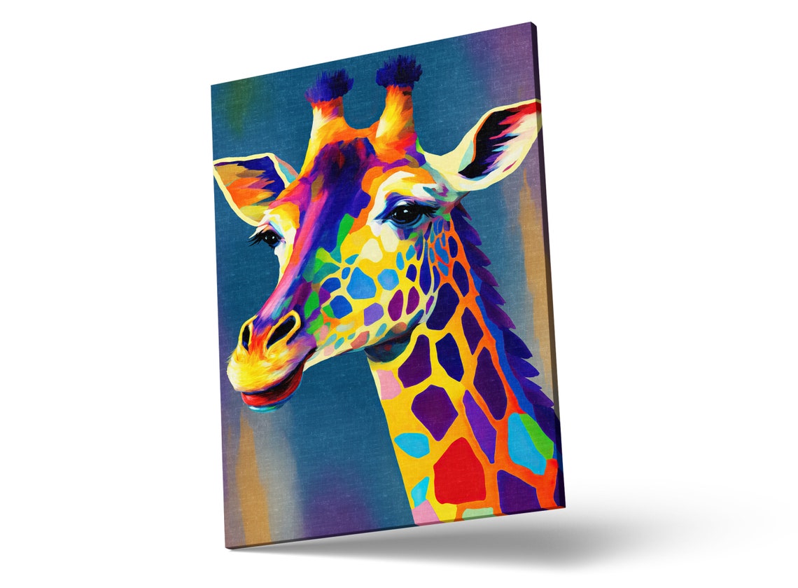 Colorful Giraffe Portrait Pop Art Multicolor Blue Background Wall Art - Image 3