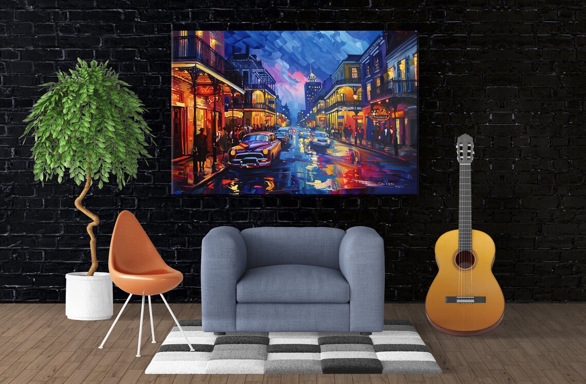 French Quarter Night Rain Vintage Car Wet Street City Wall Art Poster - Image 2