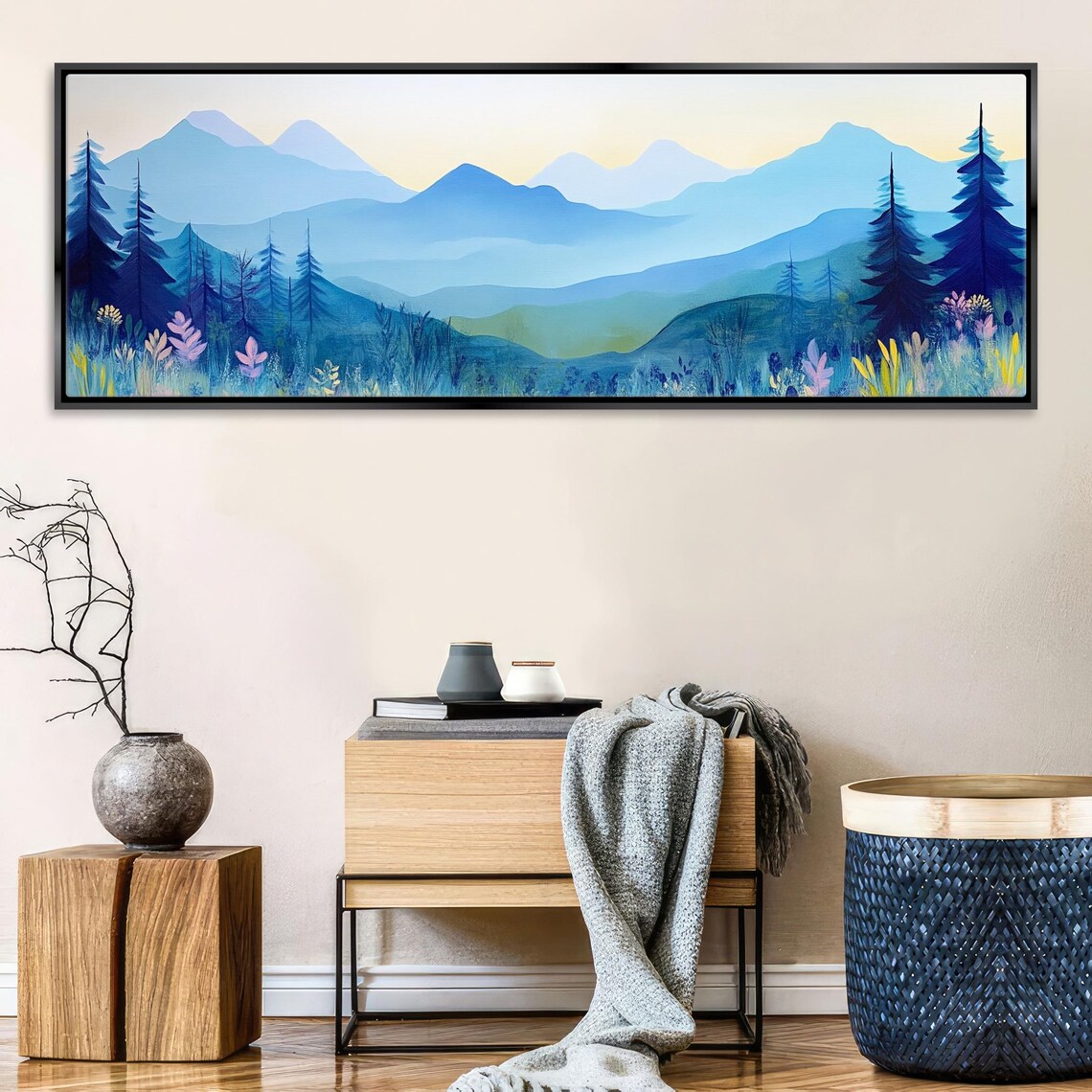 Panoramic Mid Century Boho Mountain Landscape Framed Unframed Long Horizontal Gallery Wrapped Ready To Hang Extra Large Wall Art - Image 3