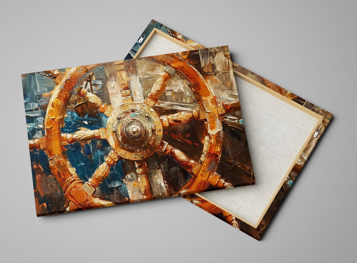Golden Ships Wheel Close Up Deep Blue Nautical Maritime Wall Art - Image 4