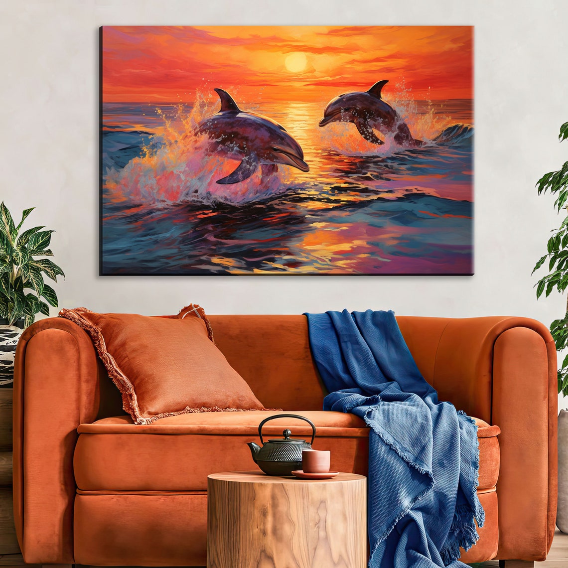 Playful Twin Dolphins Splashing Golden Sunset Waves Ocean Art Poster - Image 2