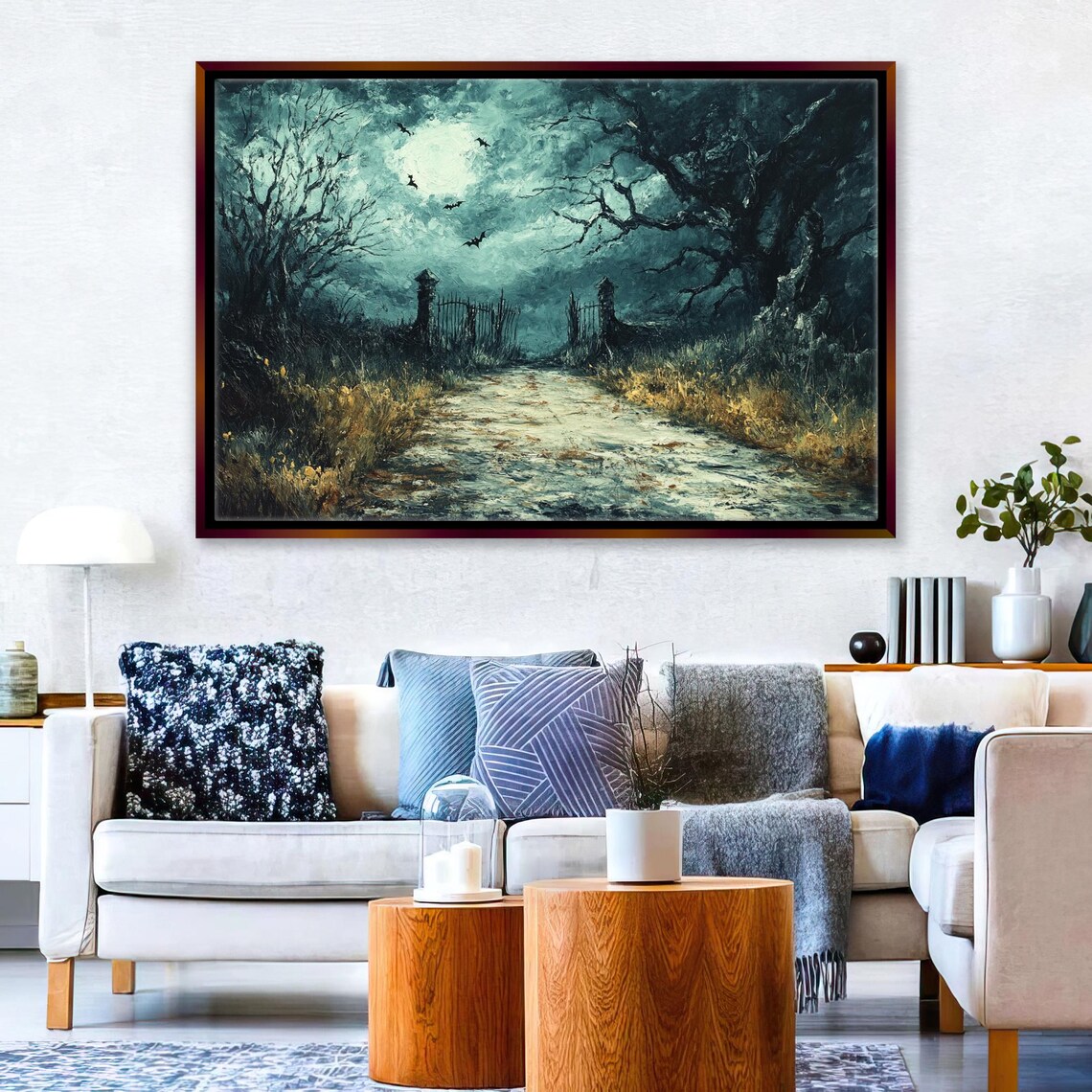 Eerie Moonlit Graveyard Gate Foggy Night Bats Spooky Halloween Wall Art - Image 3