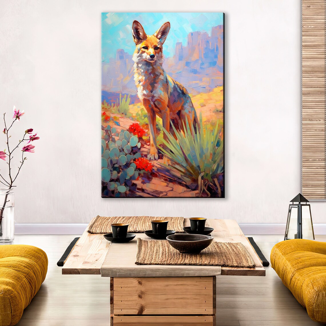 Colorful Desert Fox Southwest Wildlife Painting Cactus Canyon Scene Large Wall Art - Image 2