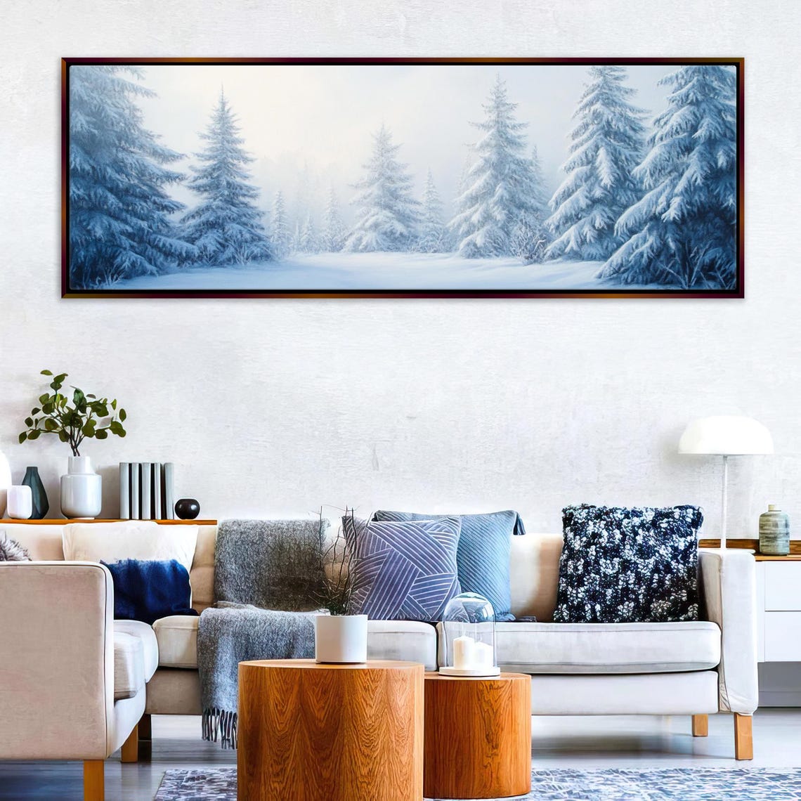 Snowy Blue Pine Forest Winter Trees Misty Still Night Panoramic Poster - Image 3