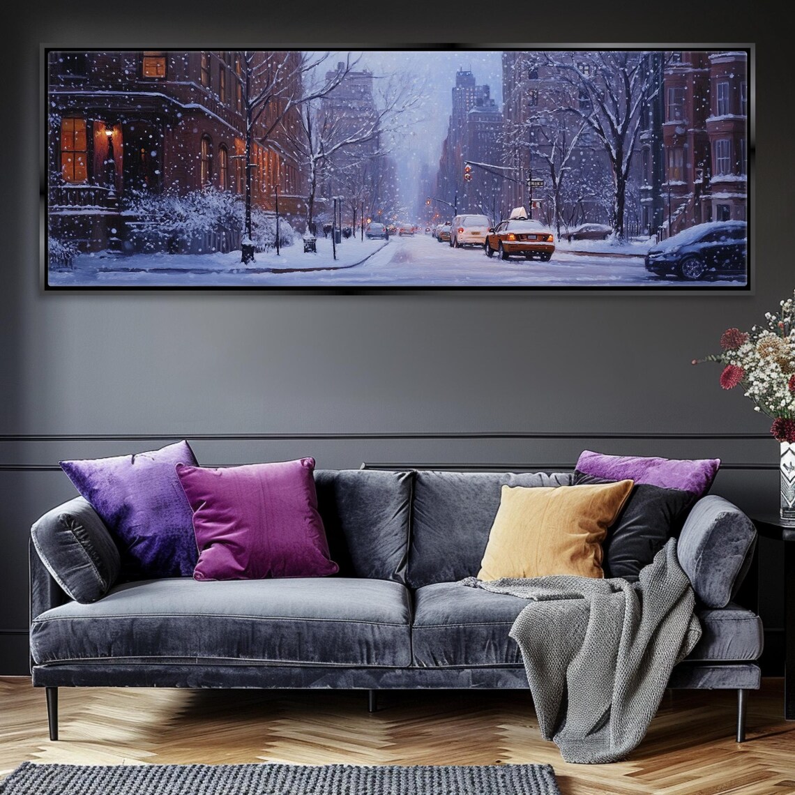 New York City Snowy Brownstone Street Yellow Taxi Night Lights Poster - Image 4