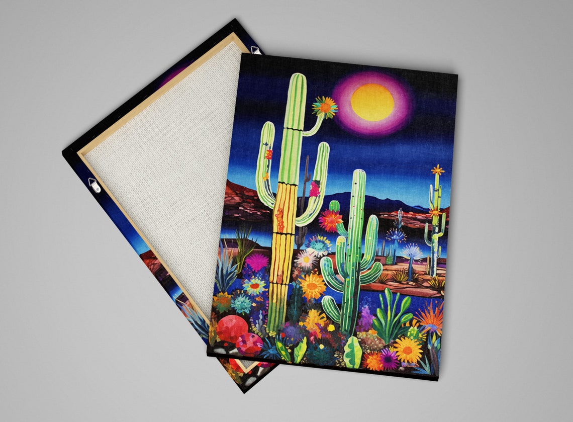 Desert Night Saguaro Cactus Blooming Wildflowers Glowing Moon Poster - Image 4