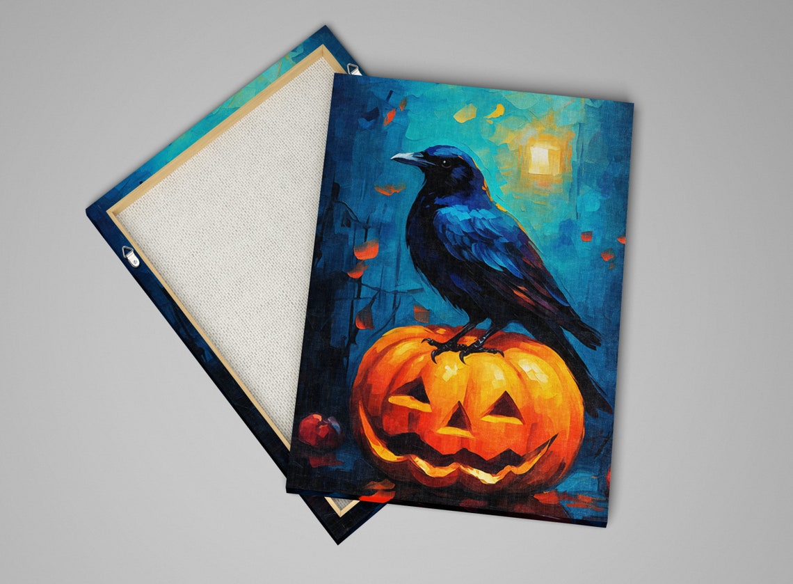 Black Crow on Jack O Lantern Halloween Night Spooky Art Poster - Image 4