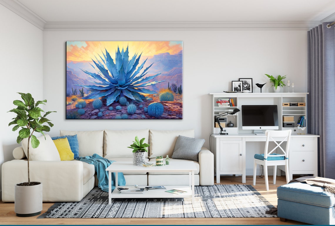 Blue Agave Desert Sunrise Barrel Cacti Southwest Scene Poster - Image 3
