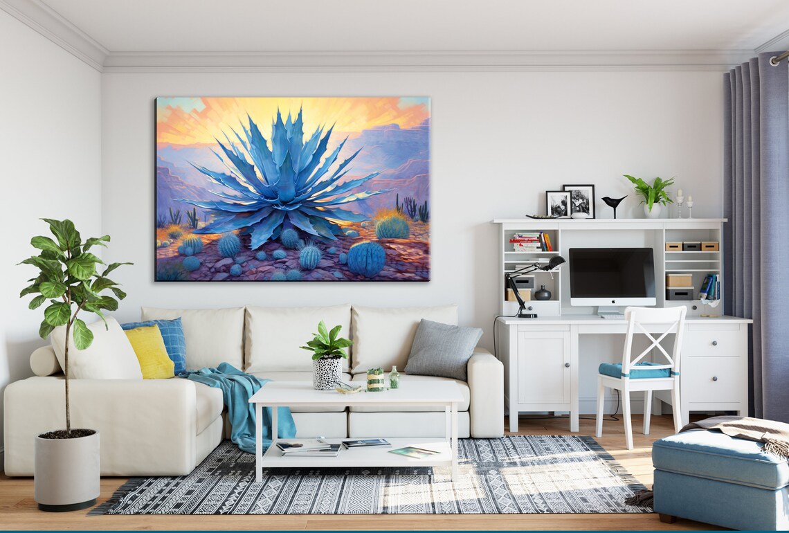 Vivid Blue Agave With Barrel Cacti Desert Art Southwest Sunset Giclee Print On Artist Extra Large Sizes - Image 3
