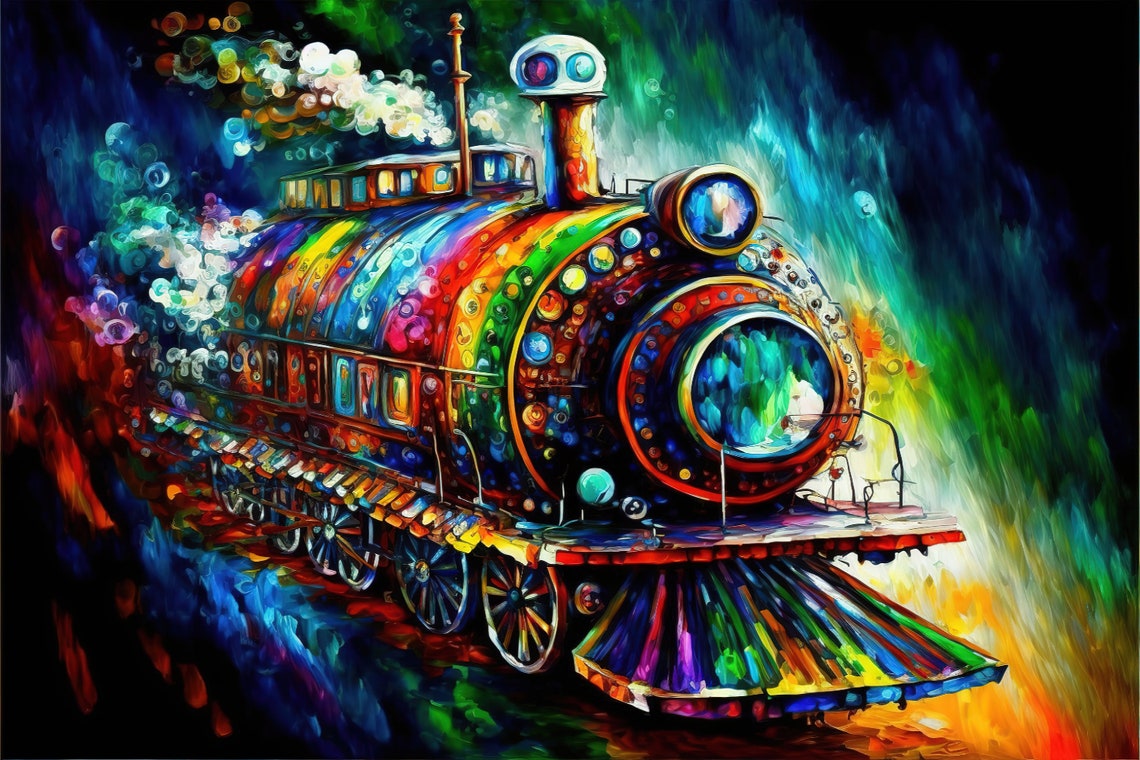 Colorful Steampunk Locomotive Train Rainbow Steam Engine Art Poster - Image 5