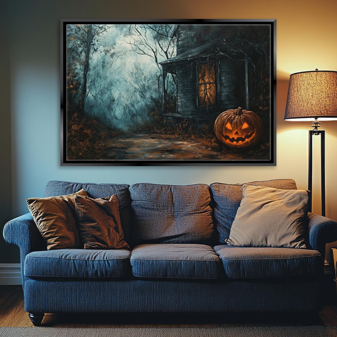 Haunted Halloween House Jack O Lantern Misty Night Spooky Wall Art - Image 3