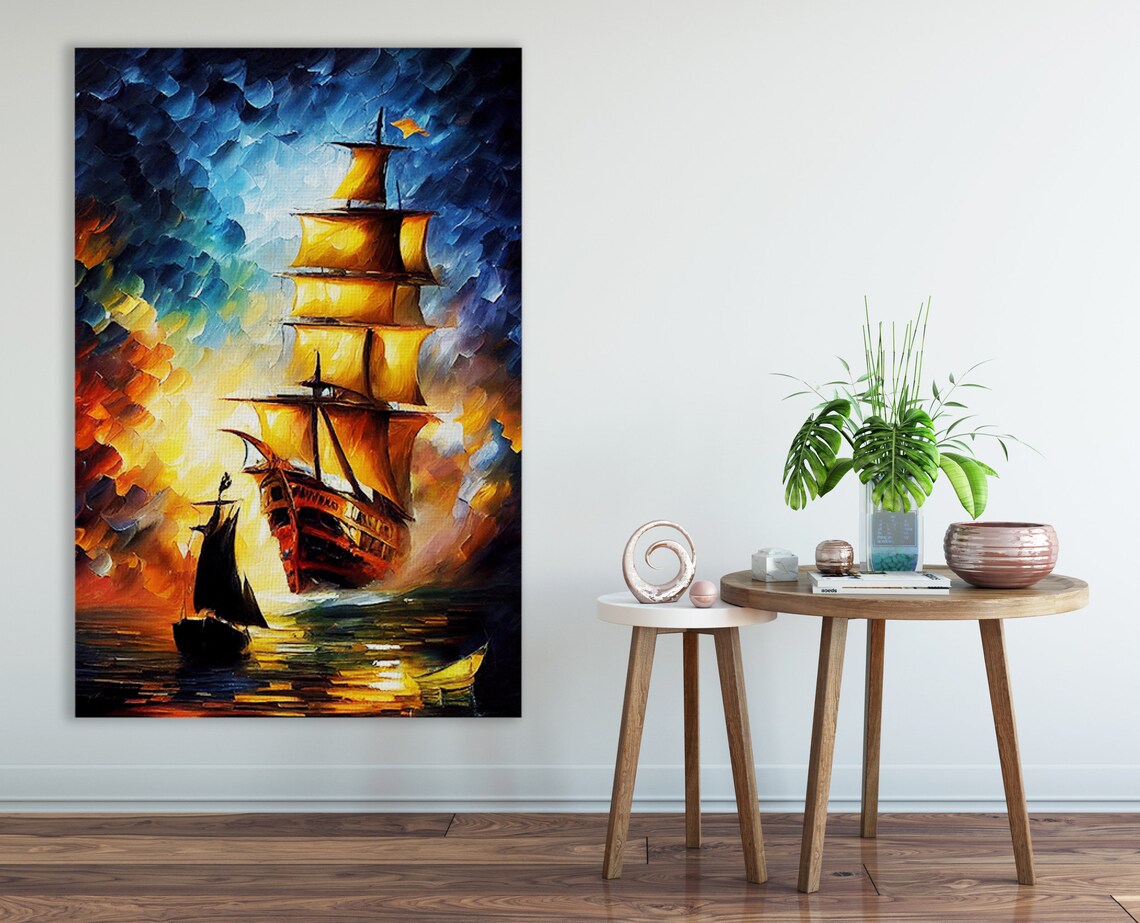 Tall Ship Golden Sails Sunset Ocean Voyage Oil Painting Art Poster - Image 2