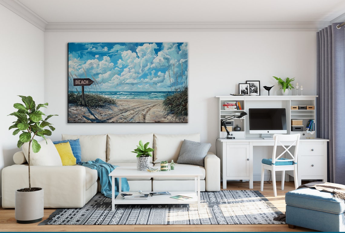 Beach Sign Sandy Path Ocean Horizon Billowing Clouds Coastal Poster - Image 2