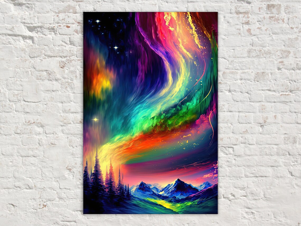 Vibrant Northern Lights Landscape, Night Scene Art Print