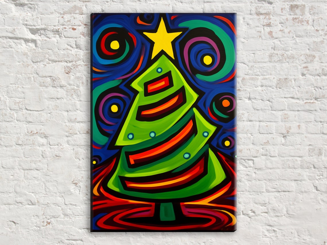 Cubist Cartoon Christmas Tree Bold Stripes Yellow Star Wall Art Poster