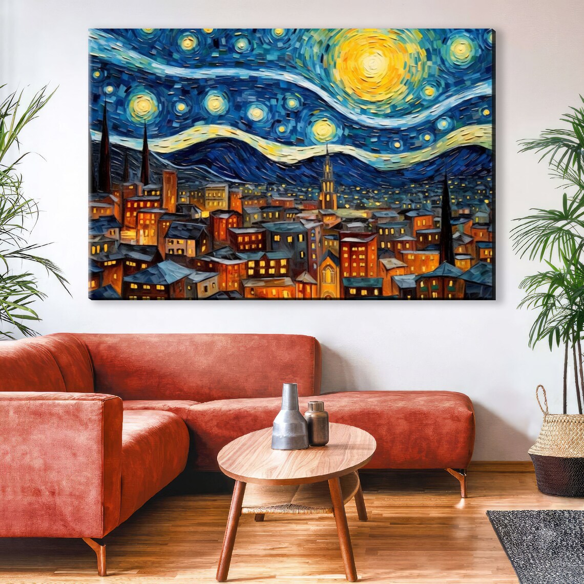 Starry Night City Skyline Swirling Blue Yellow Van Gogh Style Poster - Image 2