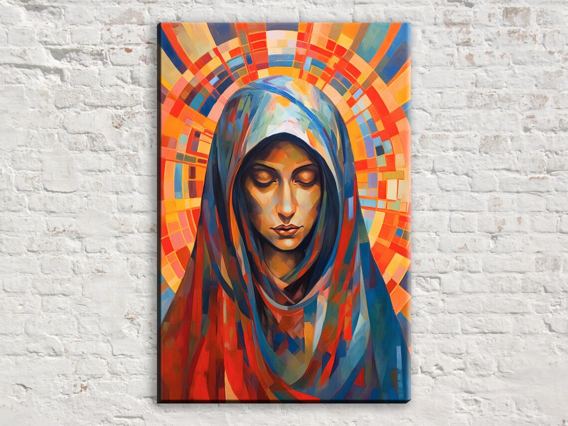 Virgin Mary Stained Glass Style Portrait Halo Religious Wall Art Print
