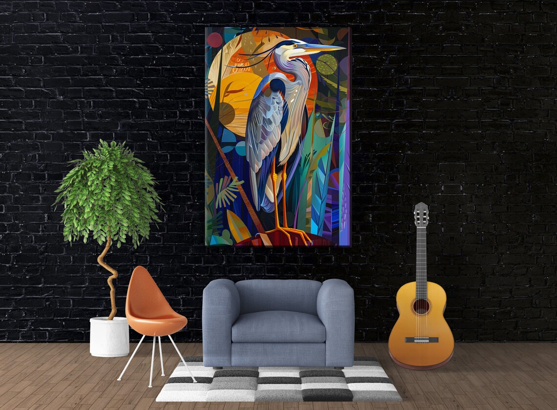 Blue Heron Moonlit Night, Art Deco Poster Print - Image 3