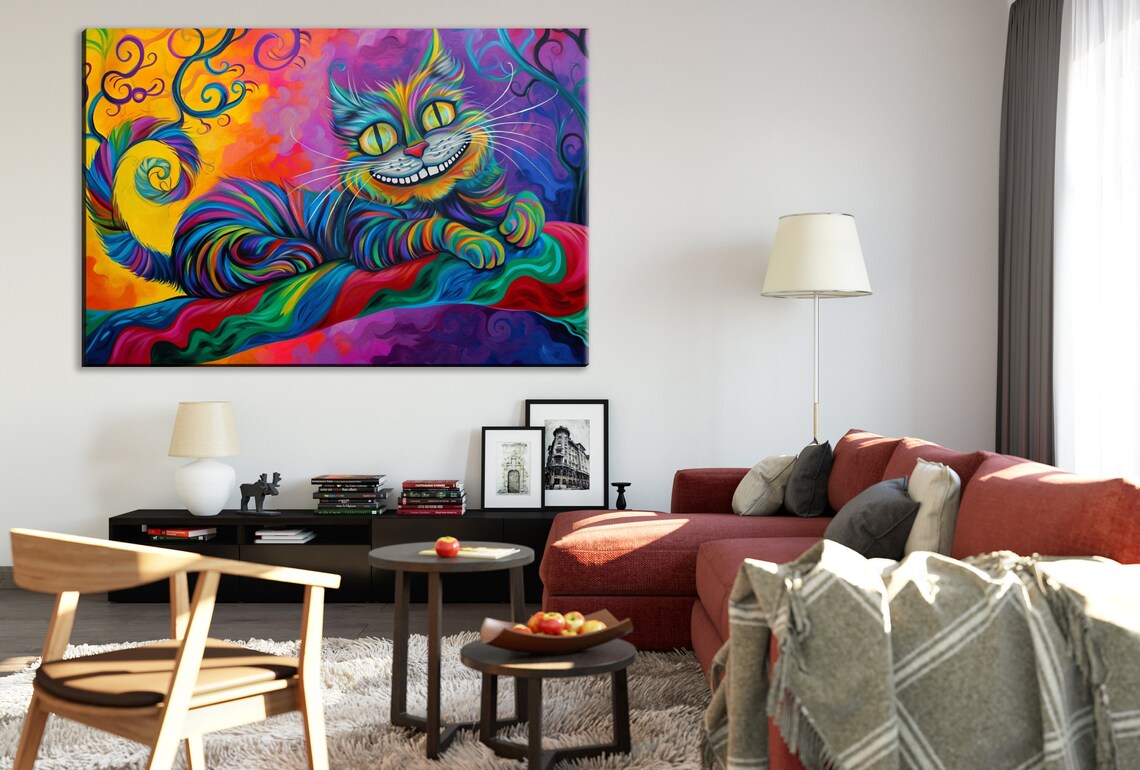 Colorful Cheshire Cat Lounging Swirling Wonderland Branch Fantasy Art Poster - Image 3