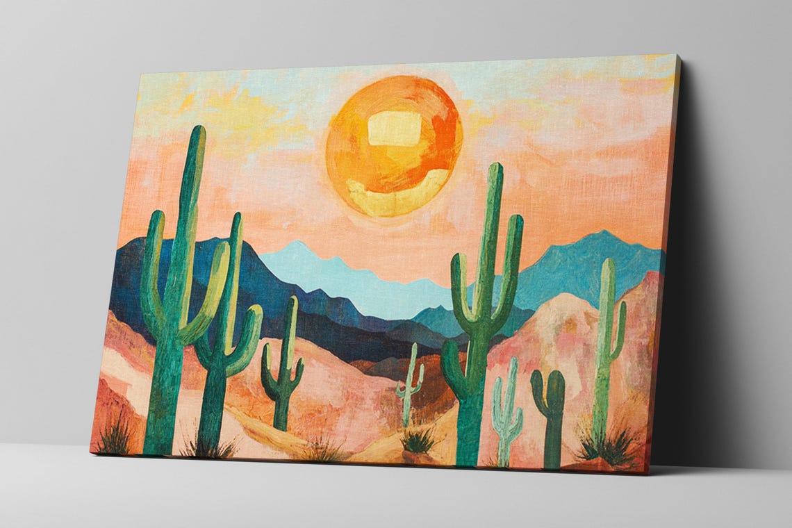 Saguaro Cactus Desert Sunset Painting Vibrant Boho Style Wall Art - Image 2