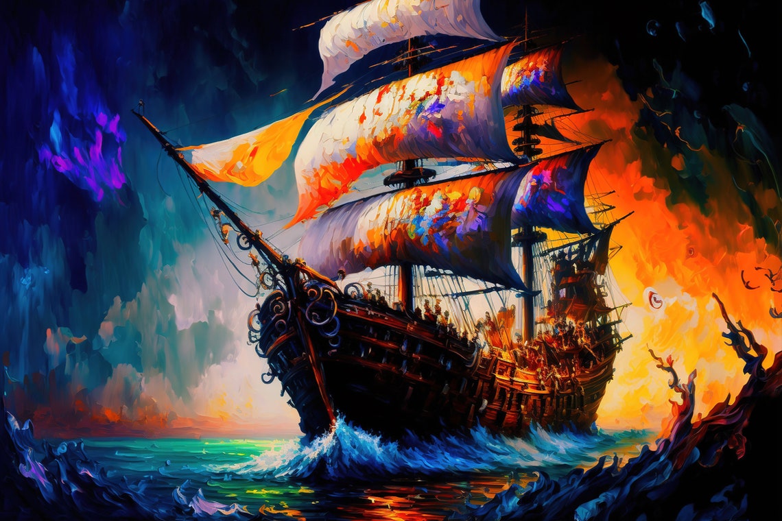 Haunted Pirate Ship Dark Waters Fiery Orange Sky Ghost Galleon Poster - Image 5