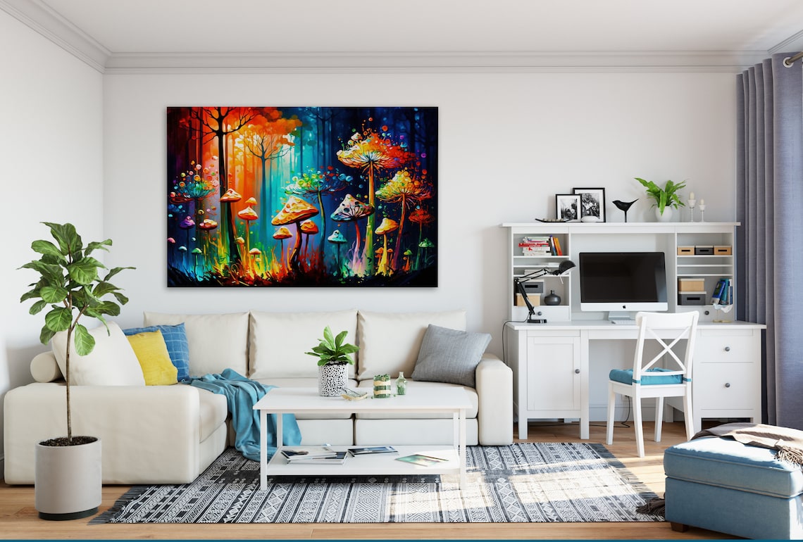 Glowing Colorful Mushrooms Enchanted Night Forest Psychedelic Art Poster - Image 2