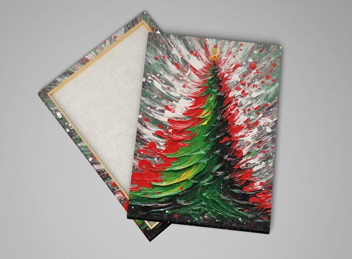 Abstract Christmas Tree Red Green White Swirl Palette Knife Art Print - Image 4