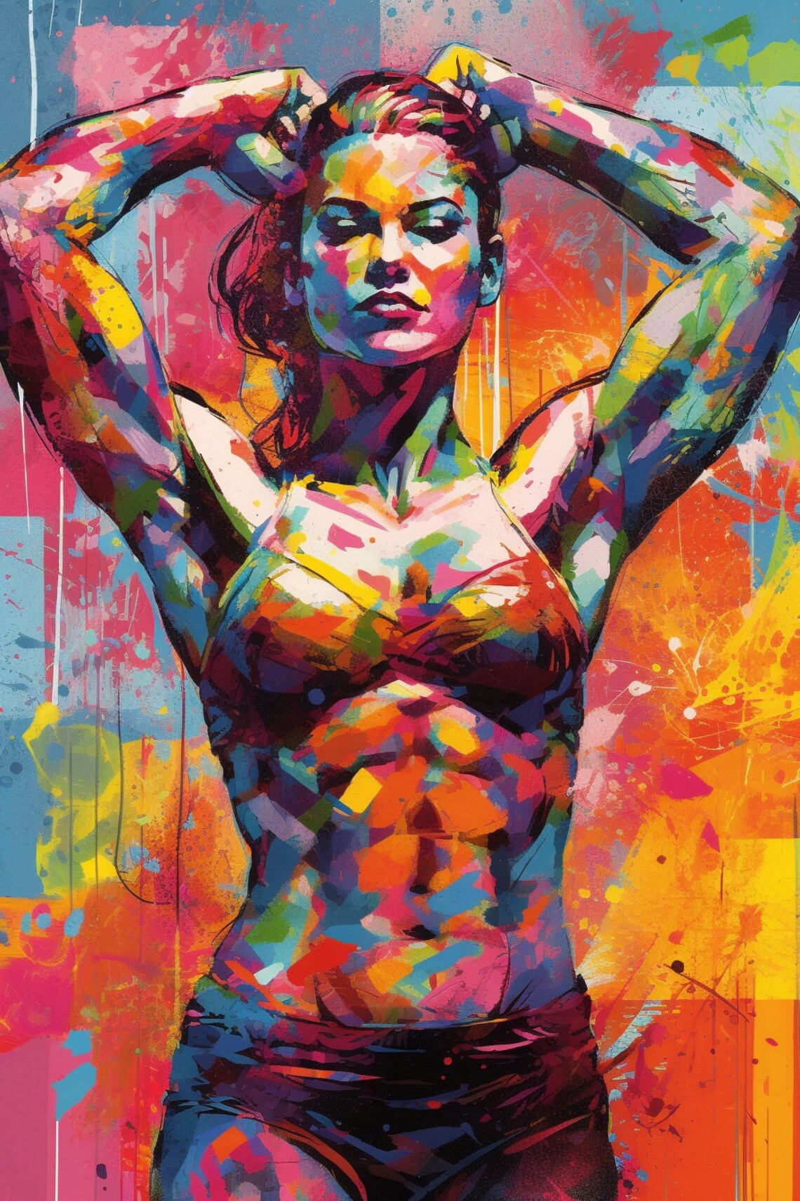 Colorful Fitness Woman Pop Art Athletic Figure Neon Graffiti Poster - Image 5