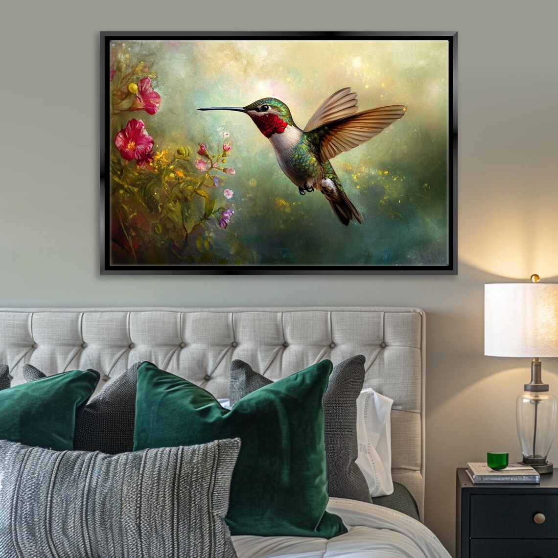 Hummingbird In Flight Oil Painting Style With Pink Flowers Bird Art - Image 5