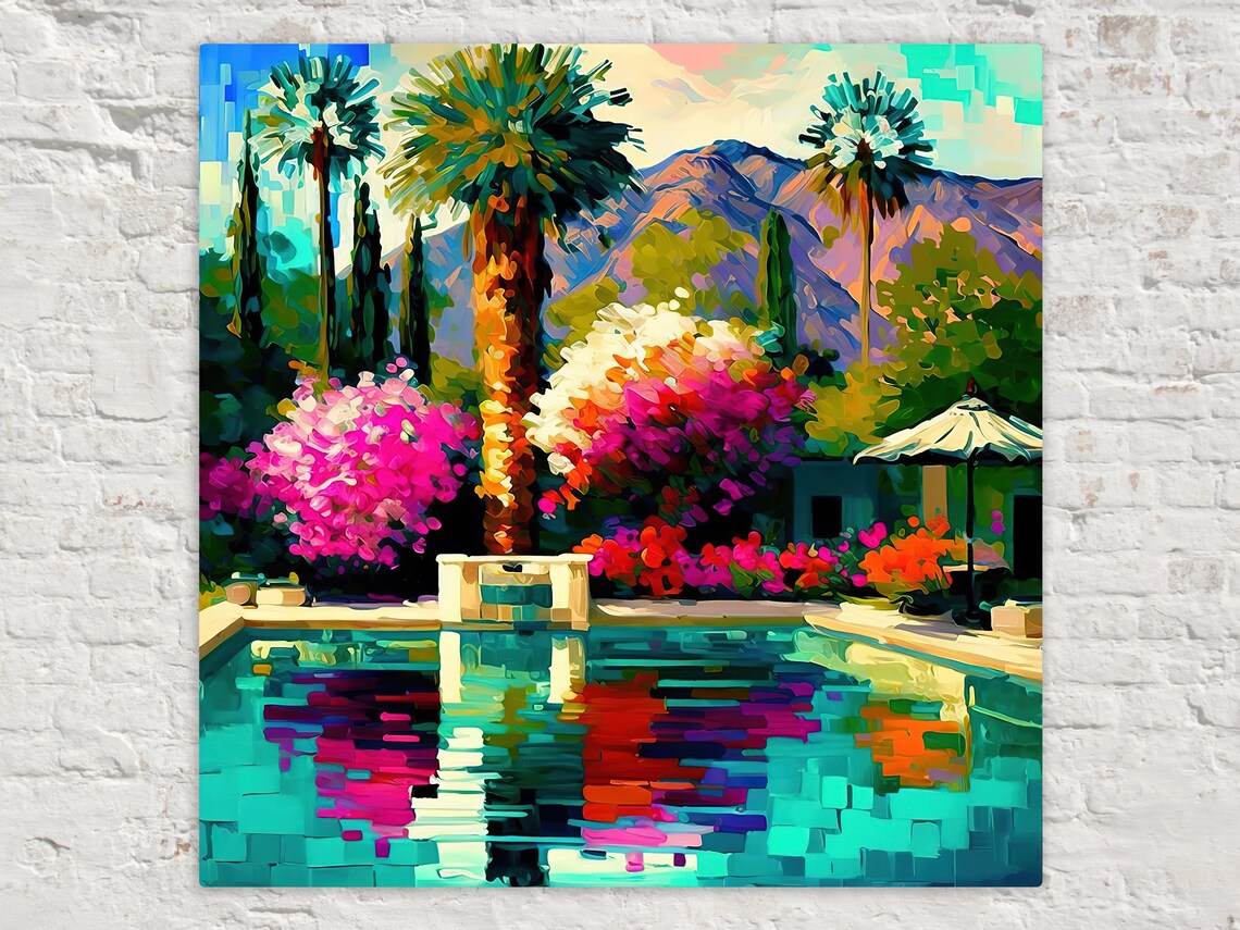 Palm Springs Pool Scene, Colorful Painting Print