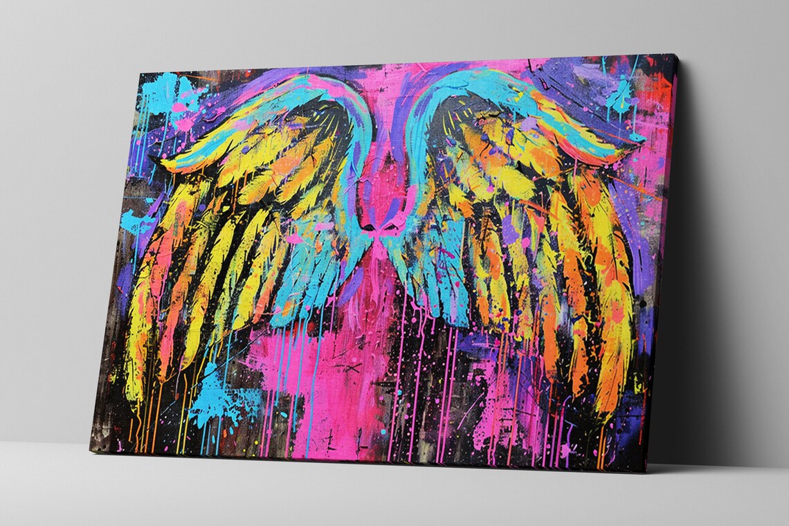 Colorful Neon Angel Wings Pop Art Pink Blue Yellow Graffiti Wall Art - Image 5