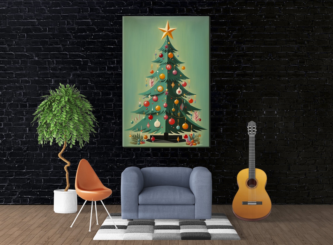 Mid Century Modern Christmas Tree Festive Round Ornaments Art Poster - Image 4