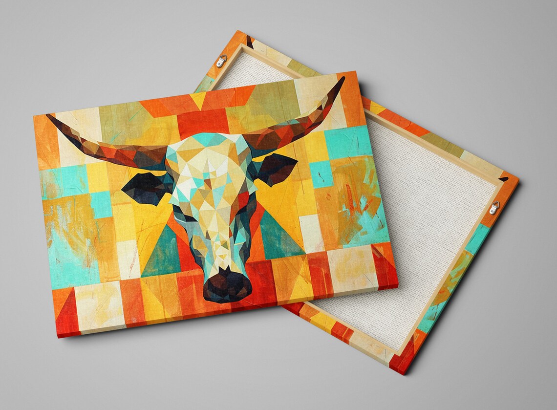 Mid Century Geometric Longhorn Steer Head Orange Teal Wall Art Poster - Image 4