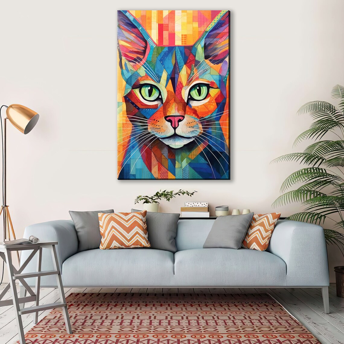 Geometric Cat Portrait Mosaic Stained Glass Style Green Eyes Art Print - Image 4