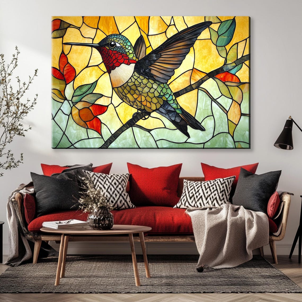 Stained Glass Style Hummingbird Perched On Branch Amber Light Art - Image 5