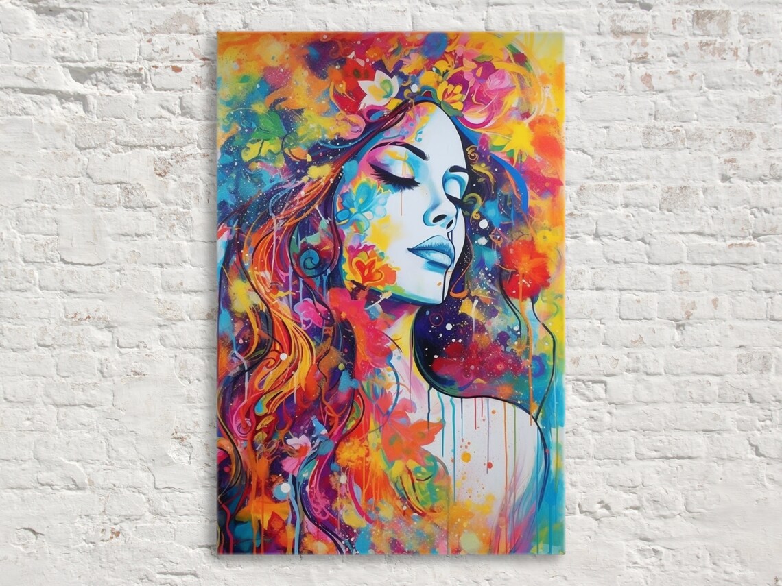 Serene Woman Face Rainbow Paint Drip Hair Floral Mixed Art Poster