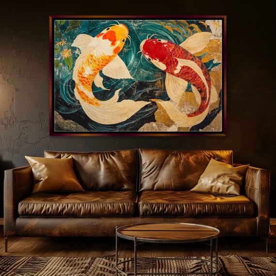 Beautiful Japanese Tradition Koi Fish Swimming Print Framed Unframed Gallery Wrapped Gicle Ready To Hang Extra Large Wall Art