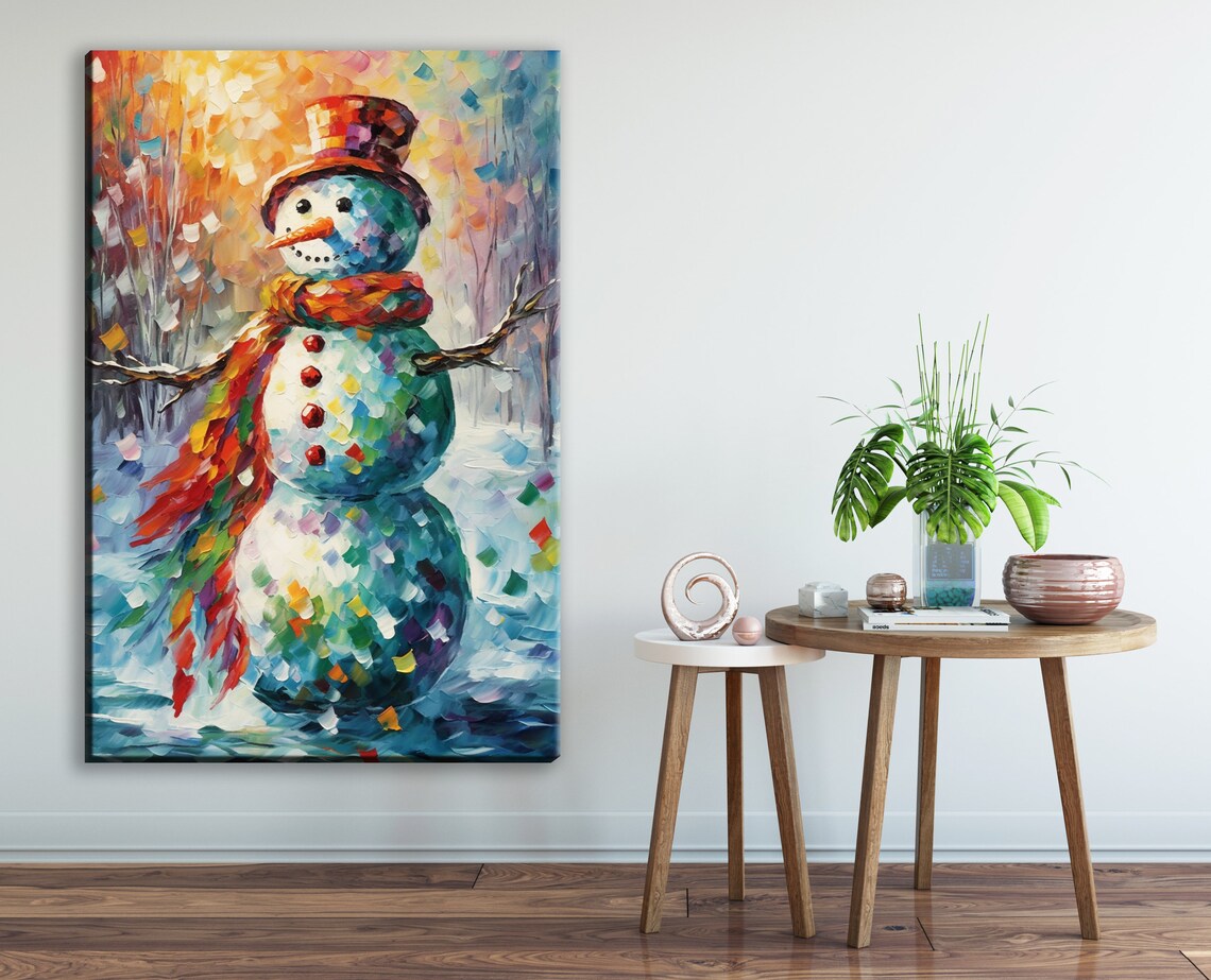 Mosaic Snowman Rainbow Scarf Sunset Glow Colorful Winter Art Print - Image 3