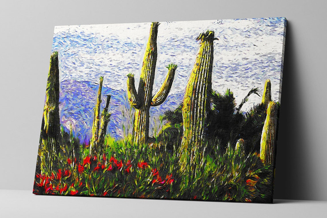 Saguaro Cacti Desert Wildflower Bloom Sunny Day Impressionist Poster - Image 3