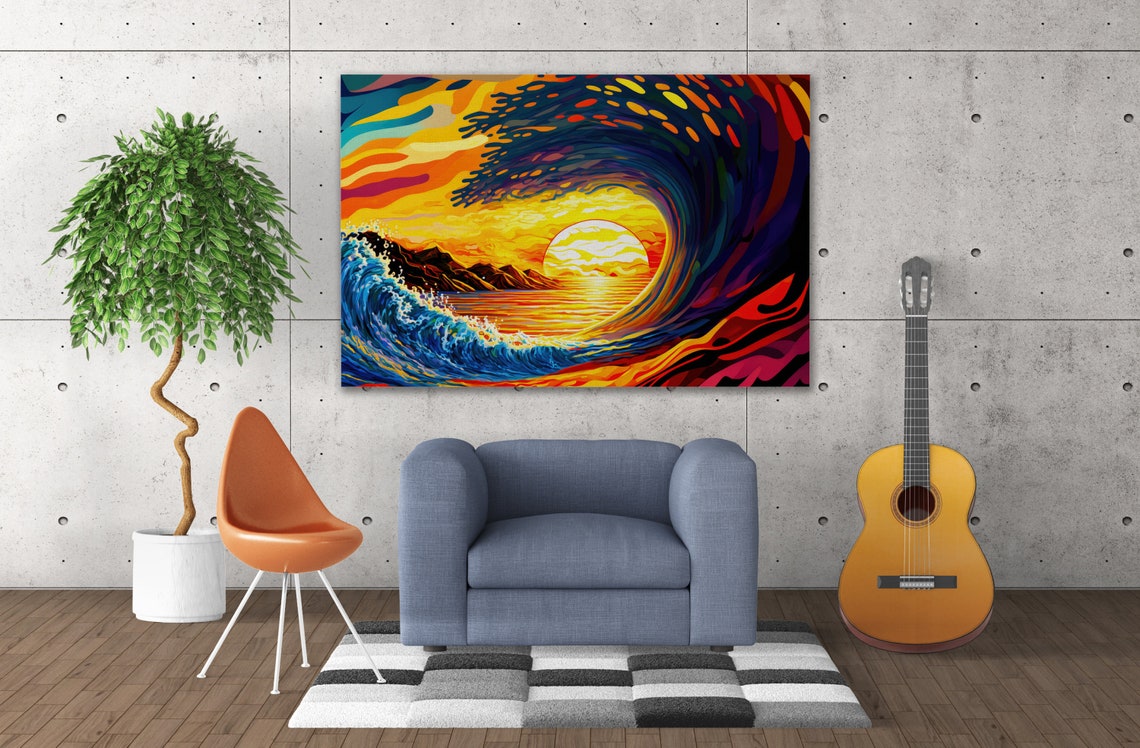 Ocean Wave Art Print Surf California Print Sunset Pipeline Painting Big Wave Colorful Artwork - Image 2