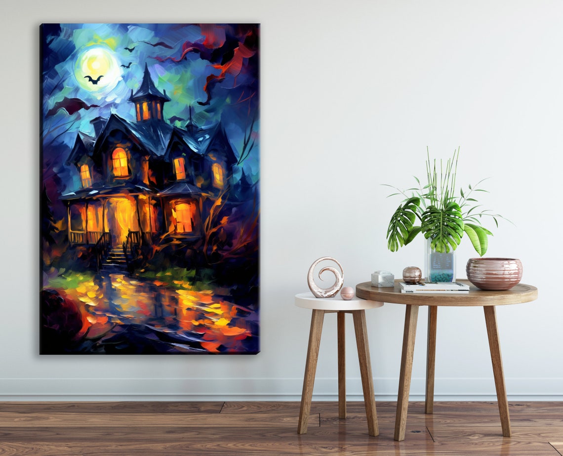 Eerie Haunted Victorian House Full Moon Bats Night Oil Painting Poster - Image 2
