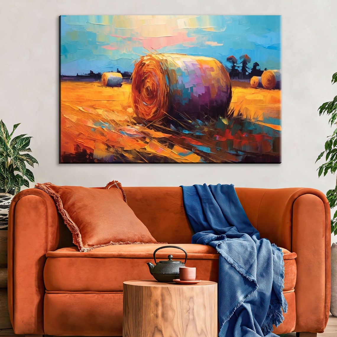 Golden Autumn Hay Bale Harvest Field Blue Sky Impressionist Poster - Image 2