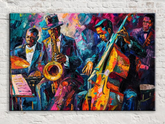 Colorful Jazz Ensemble Saxophone Double Bass Palette Knife Music Art Print