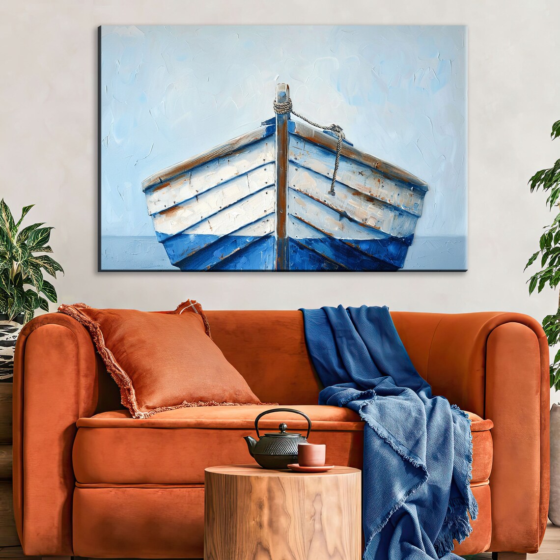 Minimalist Blue White Wooden Boat Bow Pale Sky Coastal Wall Art - Image 2