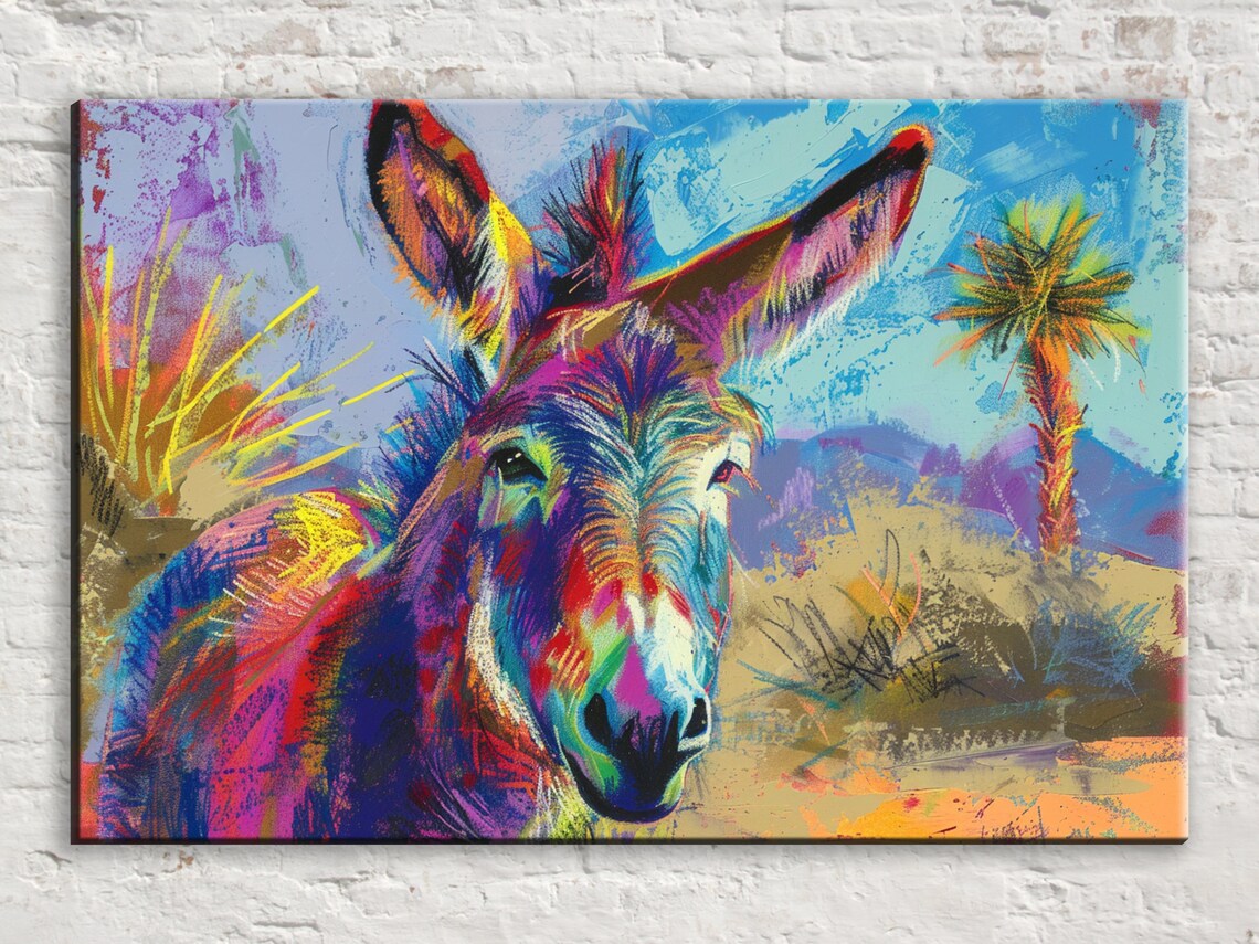 Playful Neon Donkey Face Desert Palm Rainbow Animal Wall Art Poster