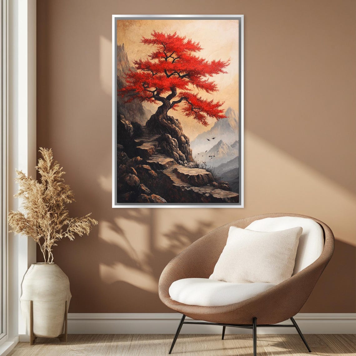Red Japanese Maple Tree On Rocky Cliff Misty Mountains Autumn Art