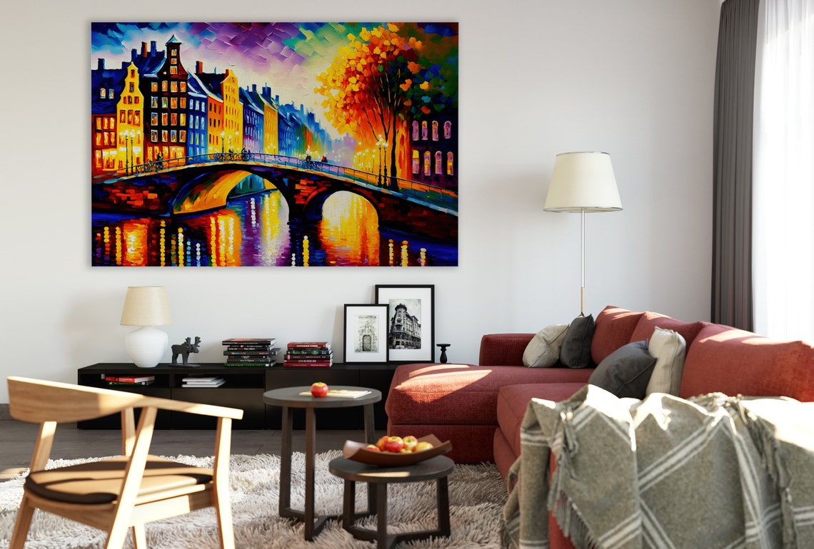 Amsterdam Canal Bridge Sunset Colorful Houses Autumn Tree Poster - Image 2