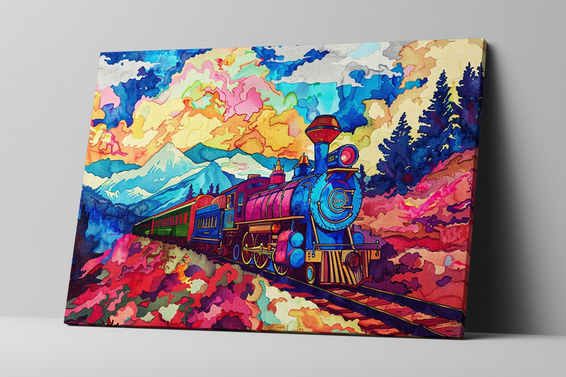 Watercolor Steam Train Blue Pink Pastel Mountain Landscape Poster - Image 5
