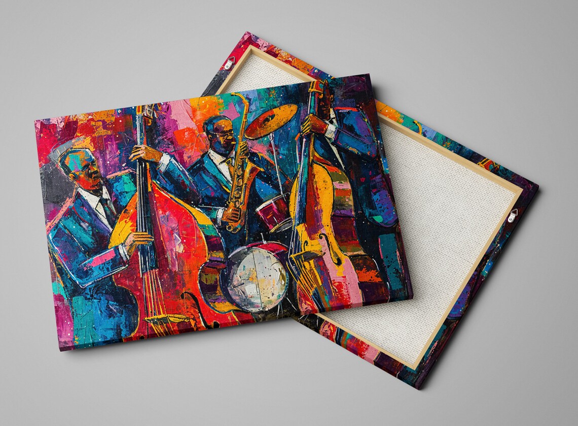 Energetic Jazz Trio Double Bass Saxophone Drums Colorful Music Art Poster - Image 4
